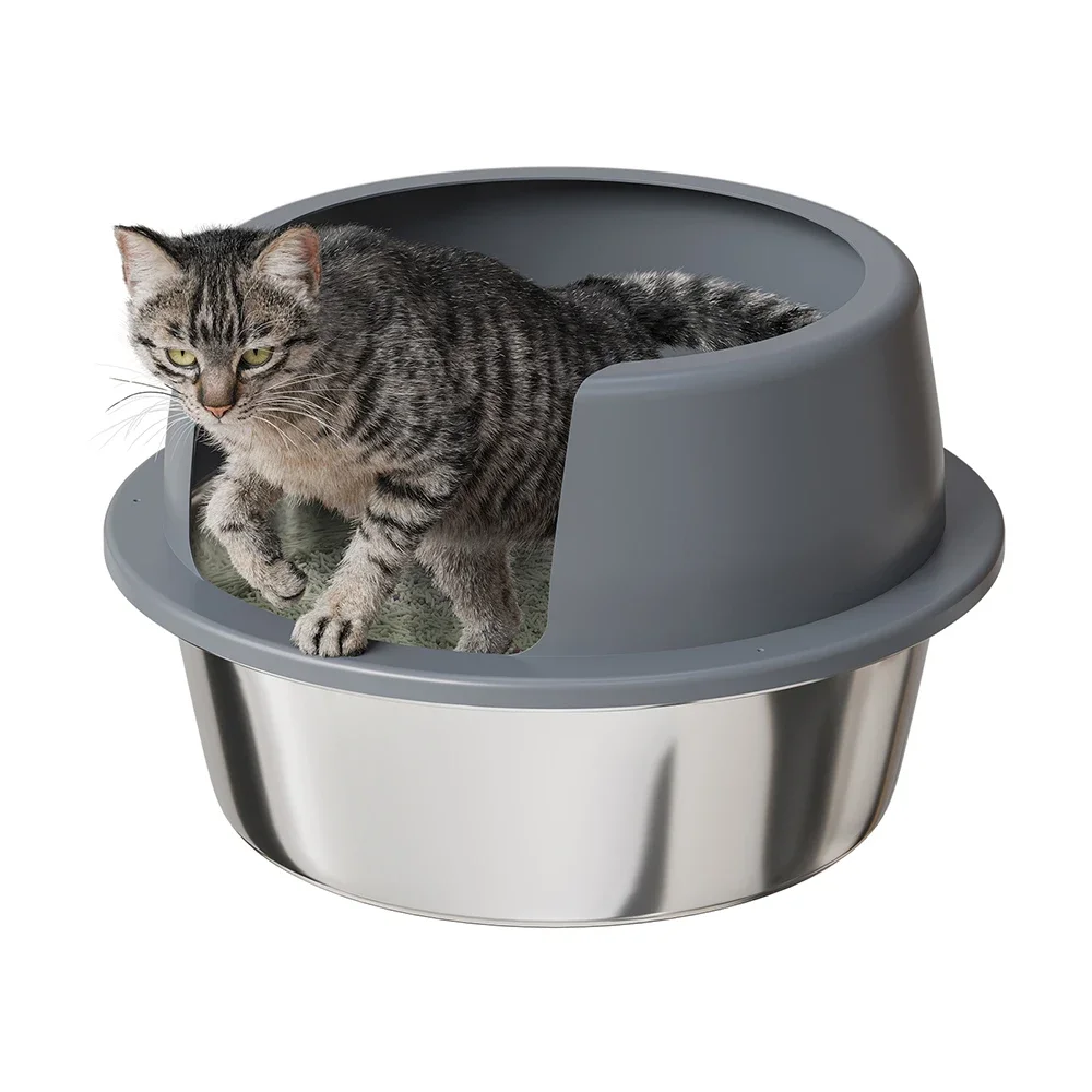 New Stainless Steel Round Litter Box For Cat, High Sides Nonstick Litter Pan Easy To Clean Rust Proof Durable Cat Litter Box