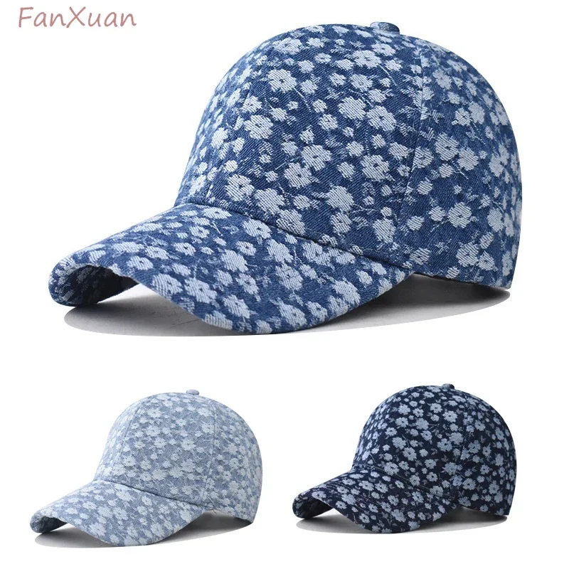 Vintage Cotton Baseball Cap for Women Denim Dad Hat Adjustable Low Profile Summer Spring Hats Flower