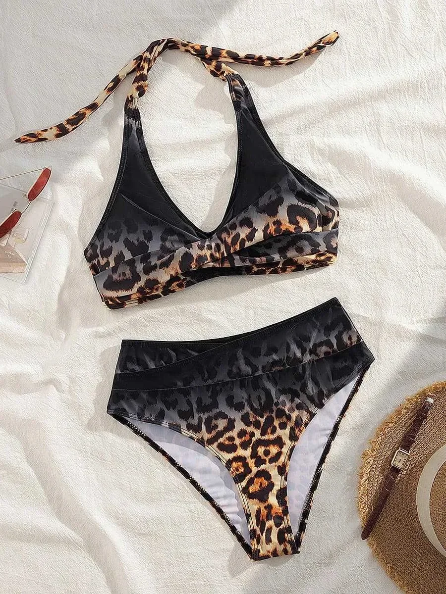 المرأة ليوبارد طباعة الرسن مجموعة البكيني مثير عالية الخصر قطعتين ملابس الصيف عطلة الدانتيل يصل بحر سراويل عالية الارتفاع