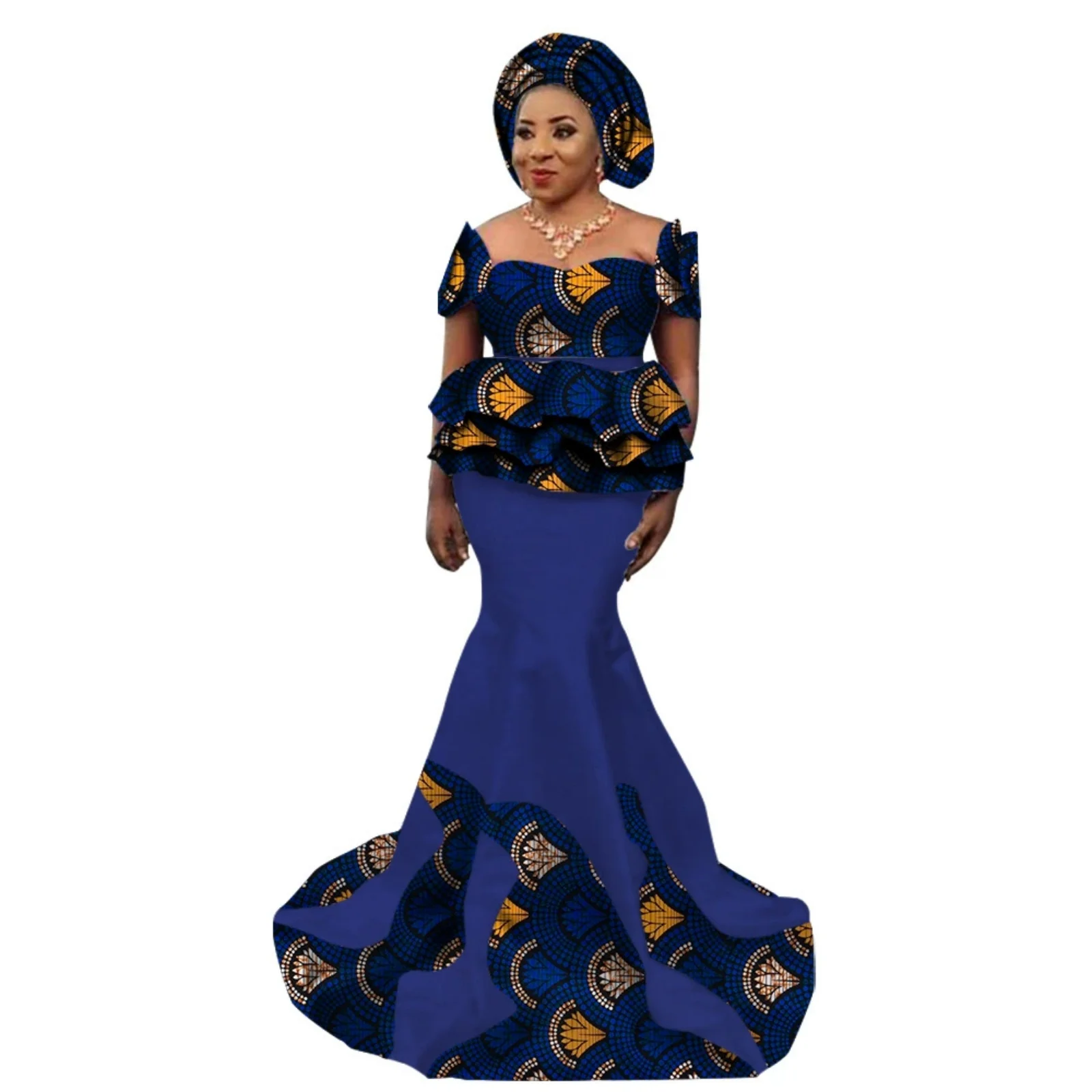 

SALE! New Elegant African Dresses for Women Dashiki Ankara Print Puff Sleeve Ruffles Top and Skirt 2 Pieces Sets with Headscarf