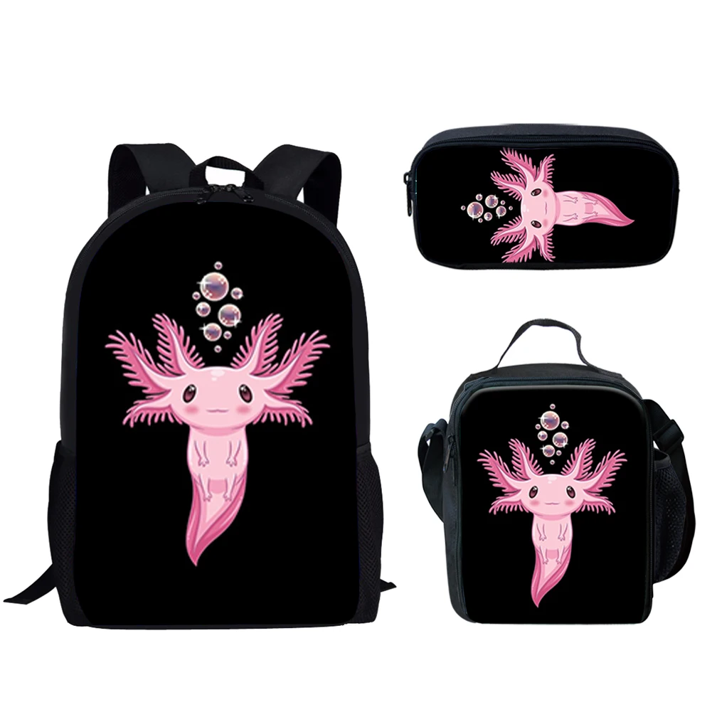 Belidome-mochila escolar de 3 piezas para adolescentes, niños y niñas, con estampado de dibujos animados Axolotl, ligera, para escuela primaria