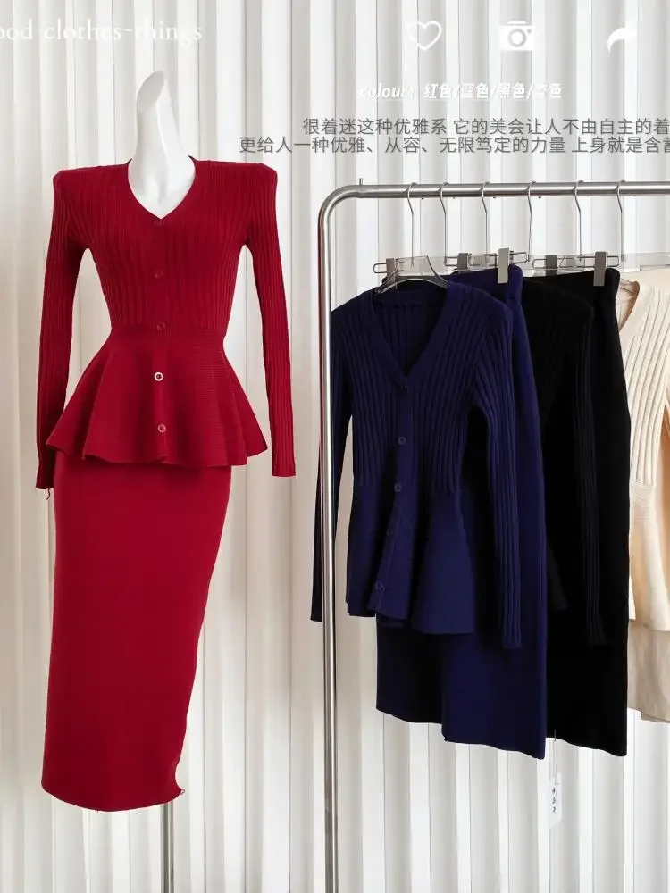 Women Autumn Winter Long Sve Top High Waist Skirt Casual Street Wear Two Pieces Sets New Korea Fashion Knitted Suits