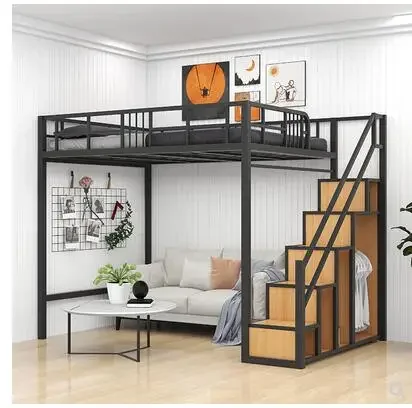 Small family light luxury loft bed saves space iron frame goes to under table two stair cabinet elevated
