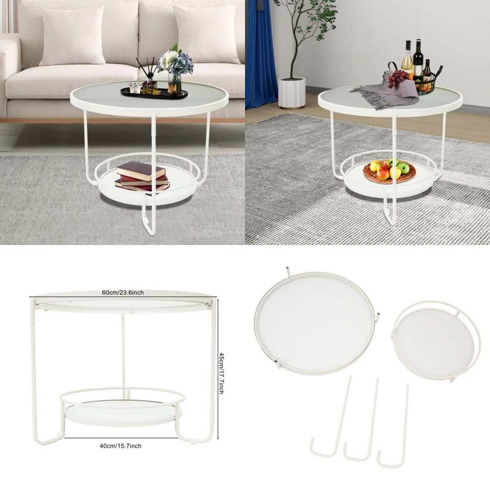 طاولات المقهى الحديثة طاولة جانبية زجاجية مستديرة من طبقتين مع إطار أبيض لأريكة غرفة المعيشة وغرفة النوم