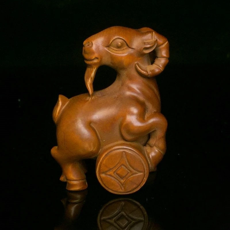 Hand Carved Wood leader goat sheep Statue Figurine Desktop Ornaments Home Decoration Crafts Tea Pet Decor