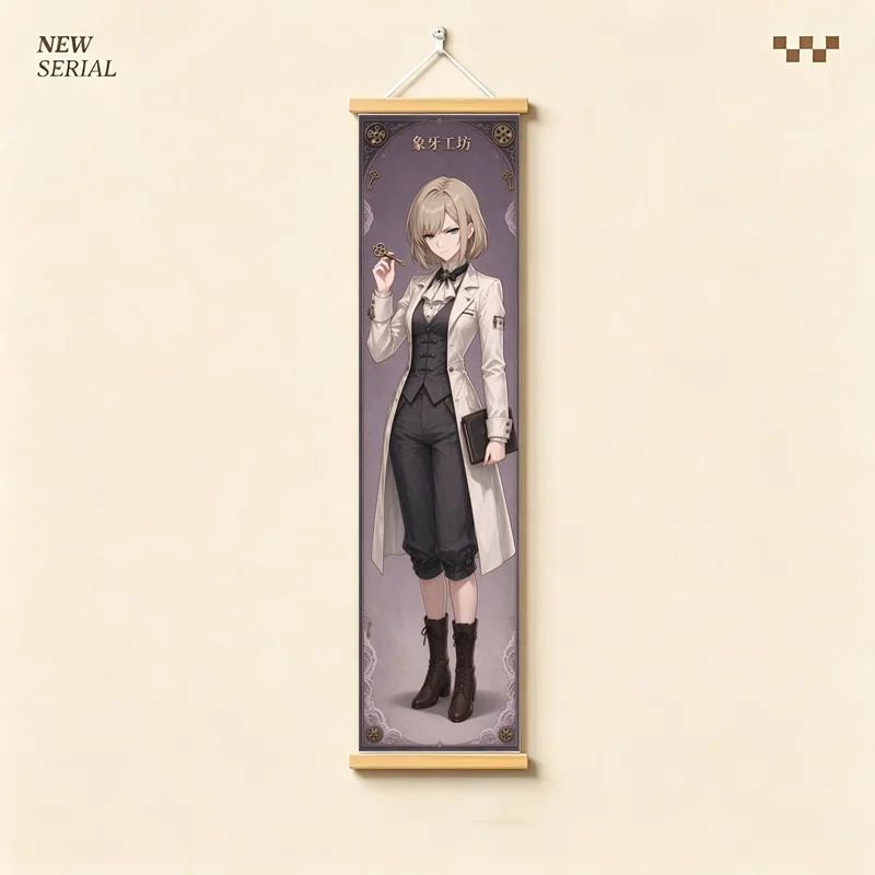 Pale Blond Anime Women Hanging Scroll with Gothic Dresses and Tailored Outfits against Muted Purple Backgrounds for a Bedroom