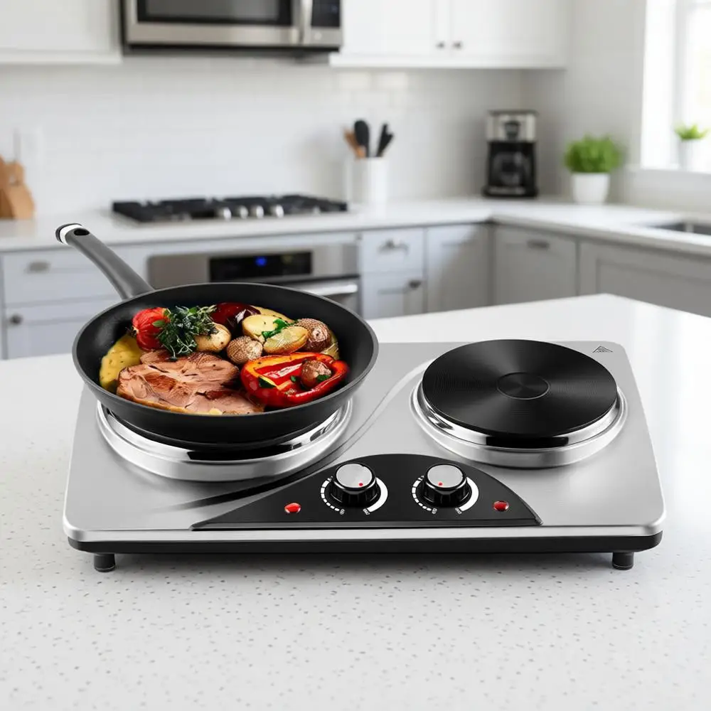 

1800 Watts Electric Hot Plate, Portable Cast Iron Hot Plates with Dual Adjustable Temperature, Easy to Clean, Silver