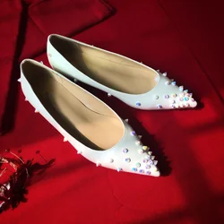 Summer white pointed high rise women's shoes with colorful rivets, flat bottom, shallow mouth, versatile red sole single shoes