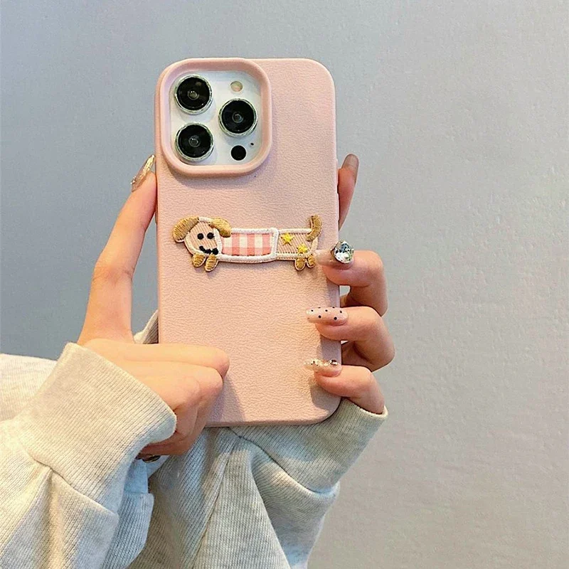 Korean Cartoon 3D Cartoon Embroidery Dog Phone Case For iPhone 16 17 Pro Max 15 14 Plus 13 12 11 Pro 16E 17Air Funny Puppy Cover