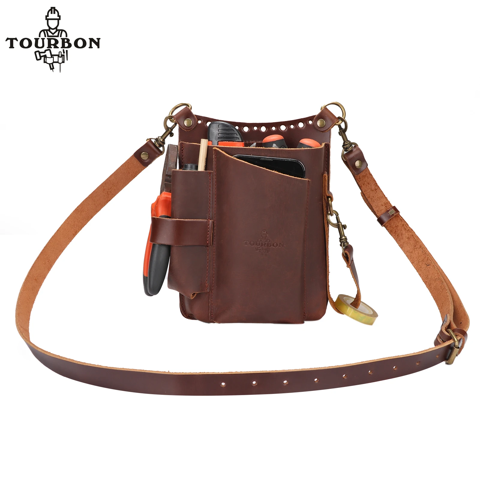 Tourbon Leather Gardening Pouch Tool Waist Bag Drywaller\'s Contractor Tool Carrier with Shoulder Strap Brown