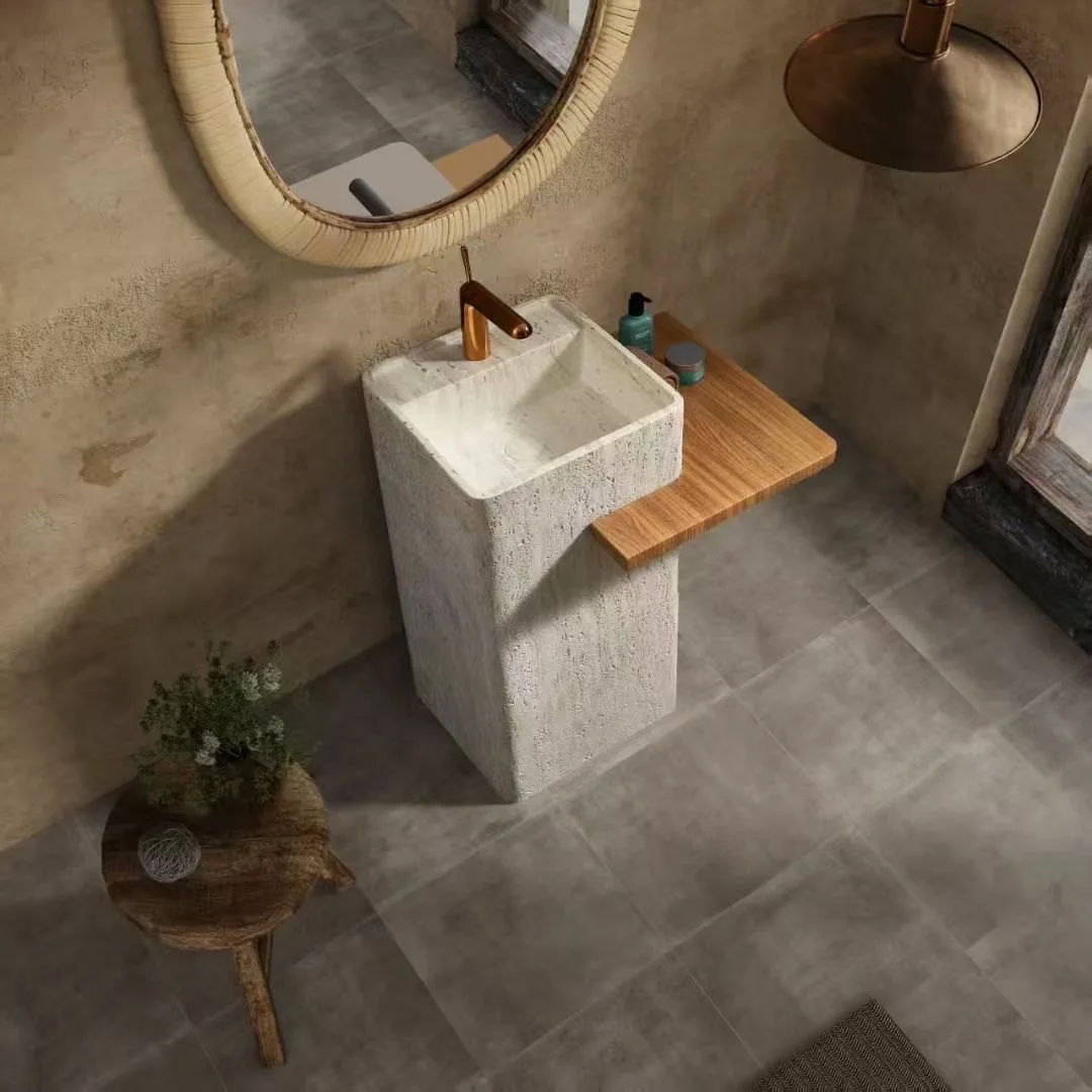 Potted Plants On StandsModern Sanitary Ware Gray Artificial Travertine Stone Square Pedestal Floor Standing Basins Bathroom Free