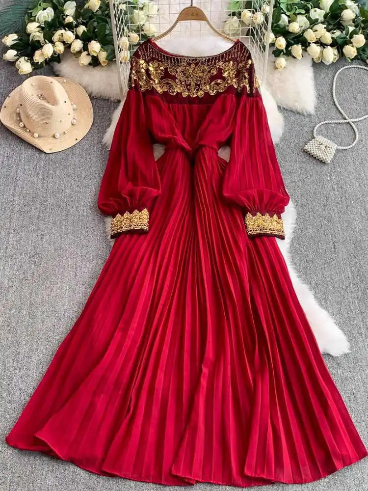 Luxury Crystal Sequins Formal Evening Dress Women Summer Autumn Long Sleeve Pearl Chiffon Dresses Prom Party Maxi Vestidos