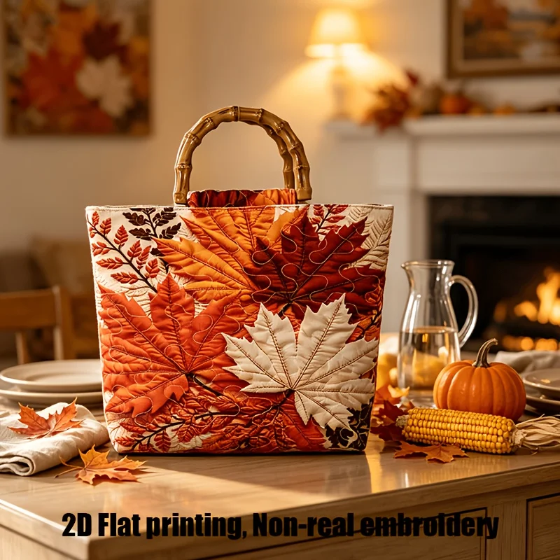 Quilting Craft Retro Autumn Maple Leaf Faux Bamboo Handle Women's Tote Bag Orange-Red Fallen Leaf Autumn Pattern Handbag