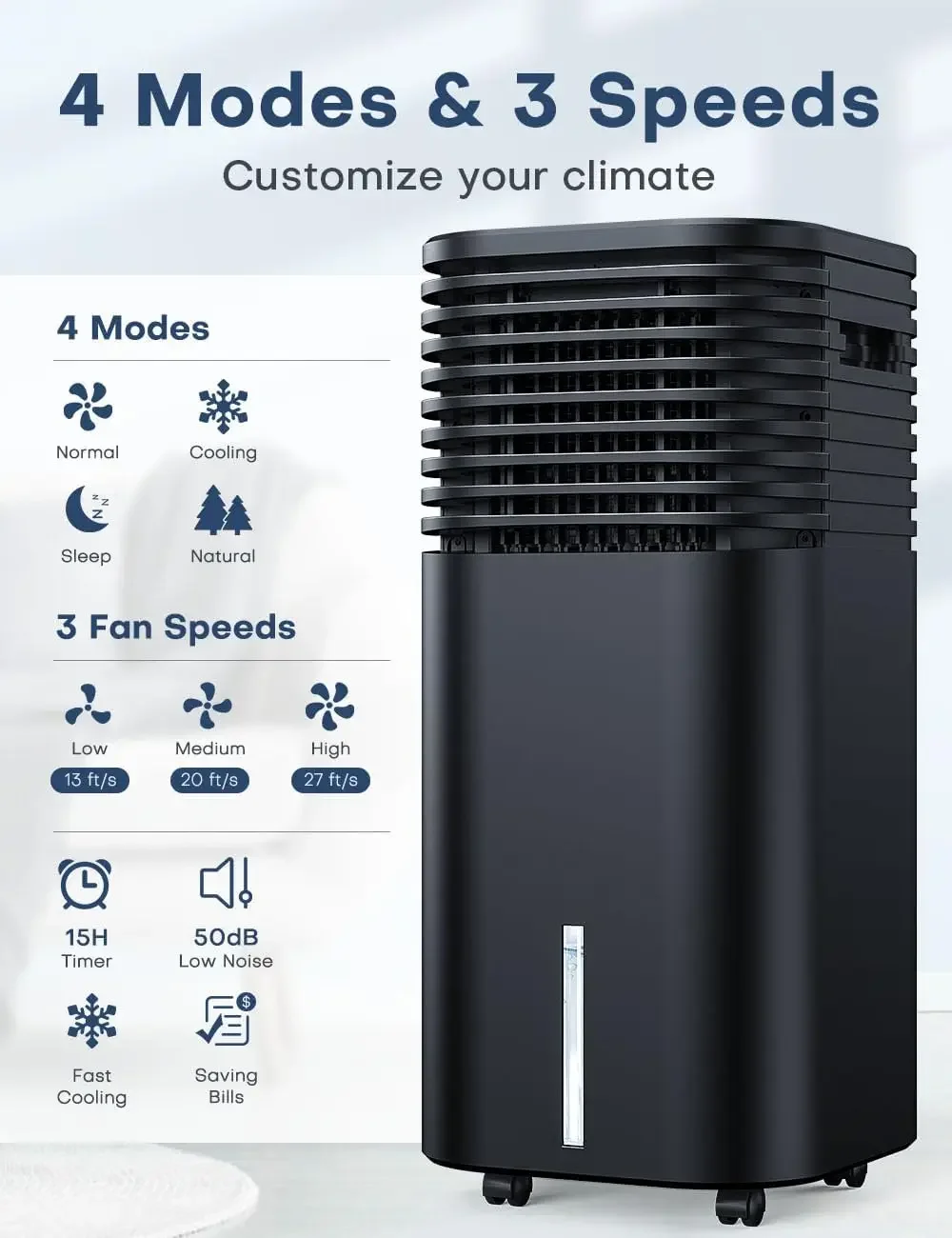 Aires acondicionados portátiles 4 en 1, enfriador de aire evaporativo con 4 modos y 3 velocidades, temporizador de 15 horas para apagado automático inteligente, tanque de 2 galones para 20 horas