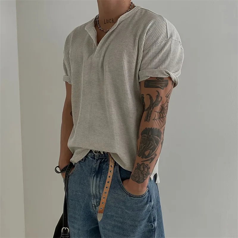 Short-sleeved Knitted Sweater, T-shirt, Men's Striped Texture, Old Money Style Ice Silk