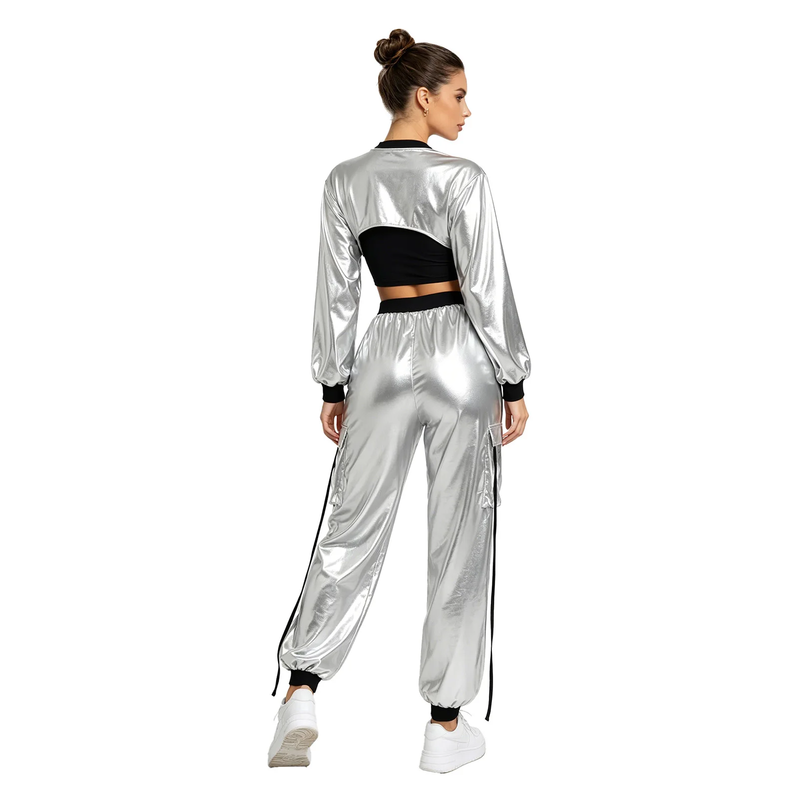 Women Hip Hop Metallic Shiny Suit Long Sleeve Crop Top and Letter Printed Band Cargo Jogging Pants Jazz Dance Disco Bar Outfit