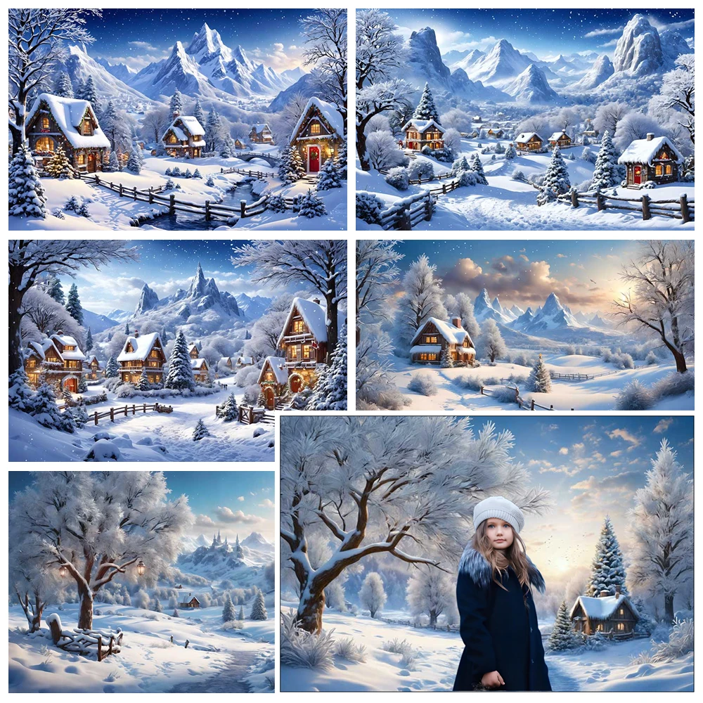 

MOON.QG Winter Christmas Village Backdrop Home Decoration Photography Studio Background New Year Snow Town Mountain Back Drop
