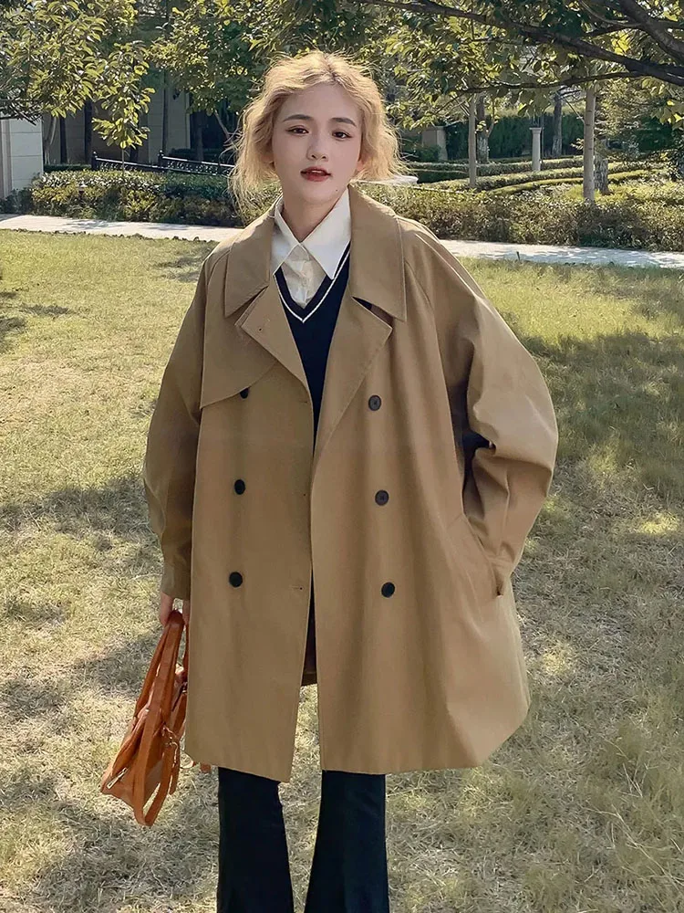 Khaki Midi Trench Coat Women Korean Fashion Loose Casual Female Coat Double Breasted All Match Trench Coat Autumn New