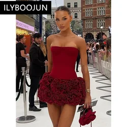 Ladies Sexy Strapless Backless Red Flower Mini Women Celebrity Dress Party Evening Club Vestido Bodycon Luxury Wrap