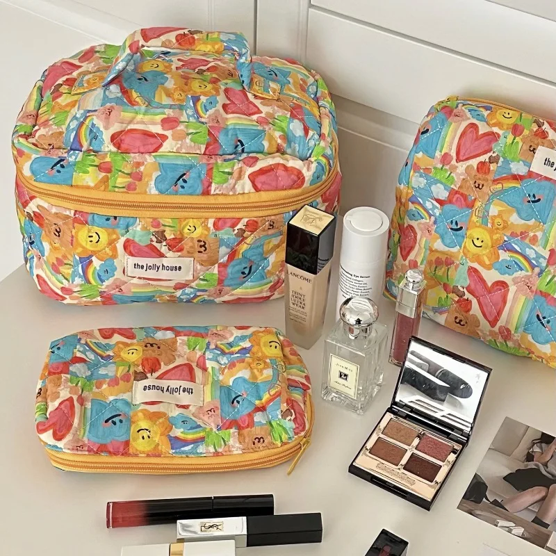 Borsa cosmetica portatile per ragazze all\'aperto con manico borsa da toilette per articoli da toeletta con cerniera colorata adorabile Organizer per