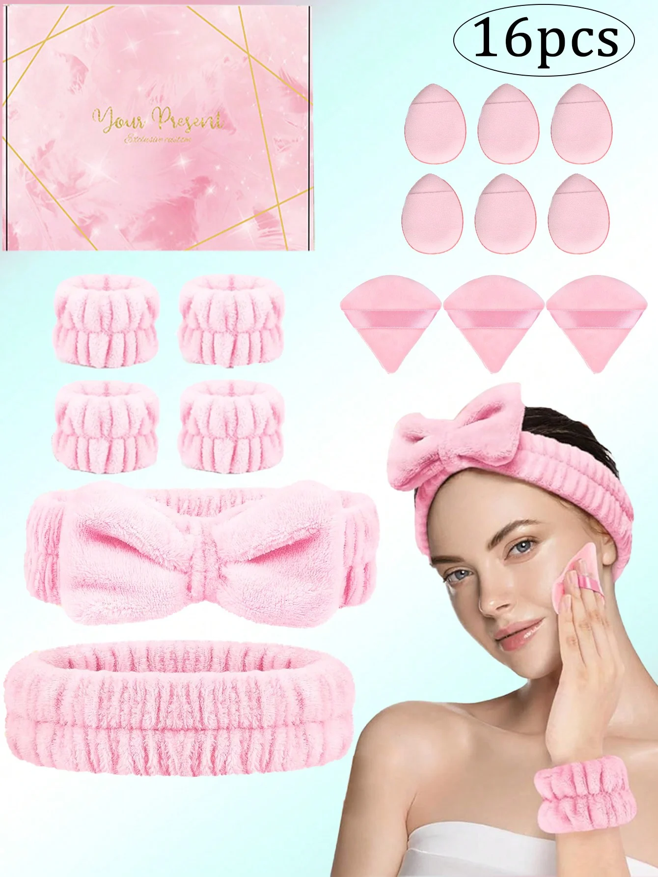 16 قطعة من عصابة الرأس للمكياج، مع مجموعة عصابات الرأس وأساور المعصم، 6 قطع من منتفخ البودرة و3 قطع إسفنجة مكياج، لغسل الوجه والمنتجع الصحي والعناية بالبشرة