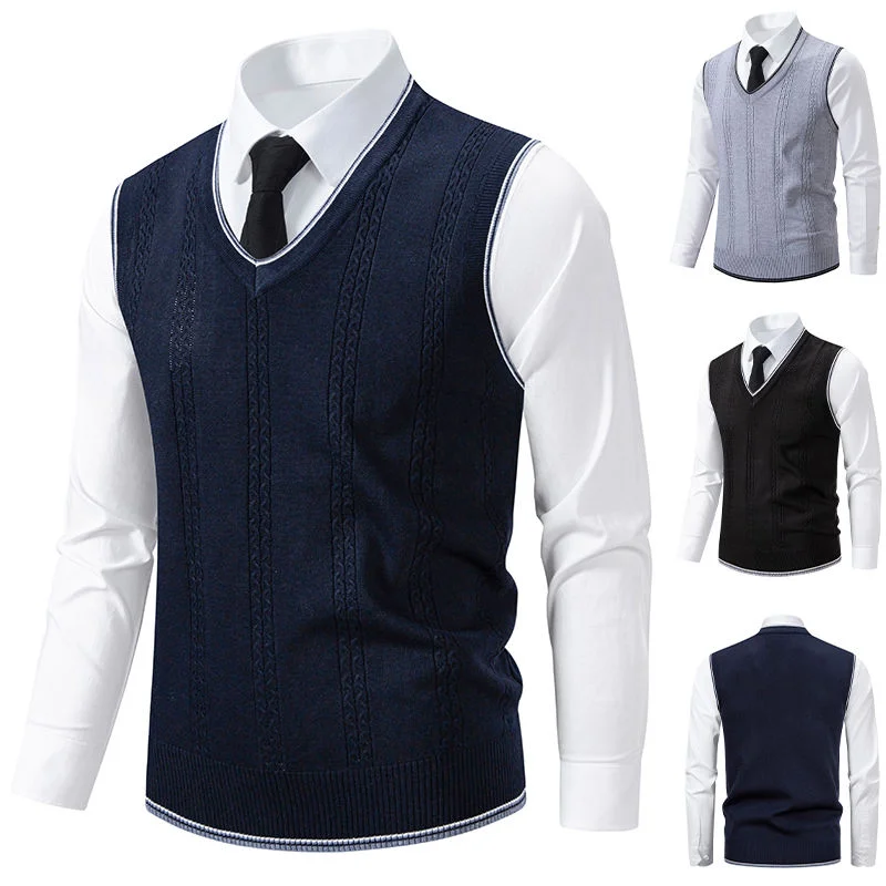 Classic Men's Knit Vest V Neck Knit Sleeveless Vest Preppy College Style Cable Knit Vest for Men