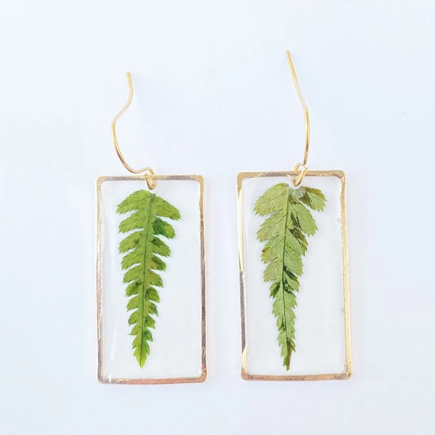 Forest Fern Earrings Plant Fern Dangle Earrings Gift for Her square Resin Jewelry Wanderlust Jewelry Boho Leaf Earrings