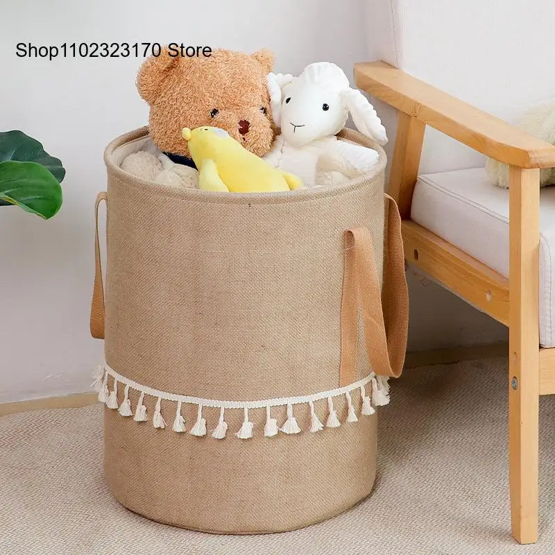 Cotton Linen Tassel Fabric Storage Bucket Foldable Ultra-Large Capacity Toy and Miscellaneous Storage Basket