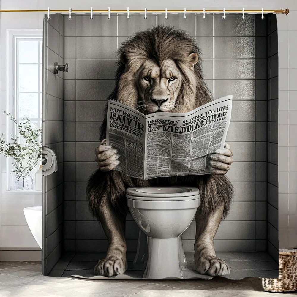 Funny lion Reading a Newspaper Print Shower Curtain, Polyester Shower Curtain with Hooks for Bathroom Decorative Shower Curtain