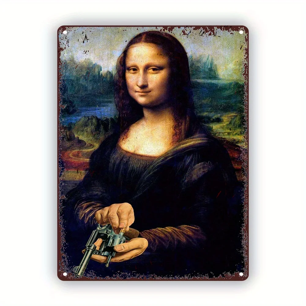 , Mona Lisa Reloaded Vintage Metal Sign - Modern Tin Art Wall Decor with Gun Motif,  Durable Metal Plaque for Living Room, Bar,