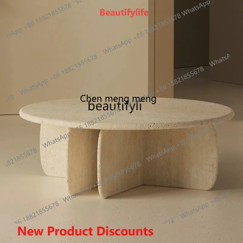 ss8350 French minimalist natural travertine coffee table medieval living room home high-end art wabi-sabi wind marble small tabl