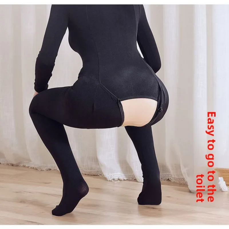 ‌ بدلة حرارية بسحاب خلفي غير مرئي مبطن بالصوف مقاس كبير جوارب طويلة عارية نمط كامل الجسم ملابس داخلية دافئة للنساء للشتاء