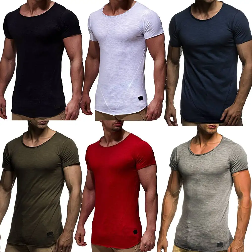 Men's Long Tops Tees Curve Hem T-Shirts Summer Skinny Tshirt Patchwork Short Sleeve Streetwear Casual Sport Workout Undershirt