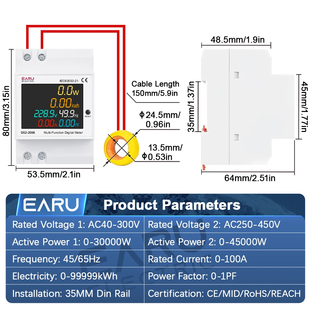 EARU 6IN1 Din Rail 110V 220V 380V 100A Voltage Current Frequency Power Factor Active Electric KWh Energy Meter Monitor Voltmeter