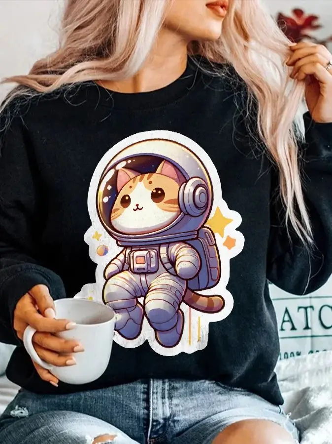 

Space Cat, Y2k Crewneck Sweatshirt, Women's Oversized Hoodie, Cute Hand-Painted Bunny, Korean Graphic Style, Warm Winter 2025