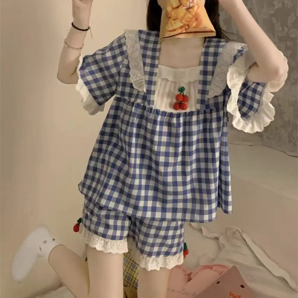 Cherry Lace Grid Pajama Suit Stripe Short Sleeve Shorts Camisole Nightwear Loose Square Neck Two Pieces Sleepwear Sets Lady Girl