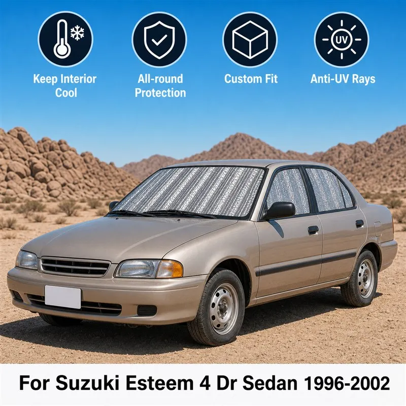 Pare-soleil complet pour vitres de voiture Suzuki Esteem 4 portes berline 1996-2002, protection UV, isolation thermique, rideau de voiture pliable pour la confidentialité