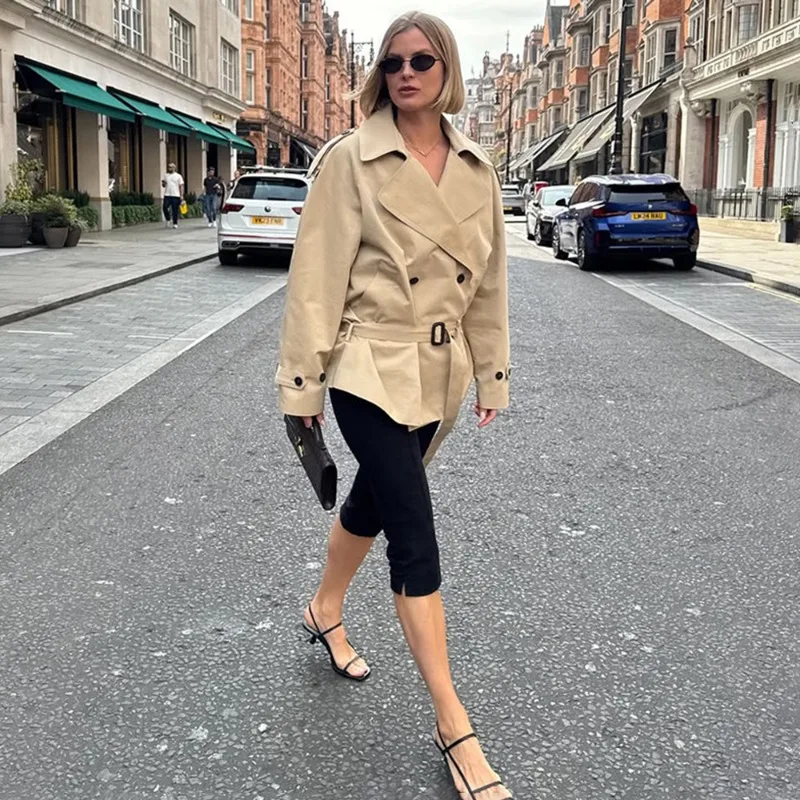 탈렌자 여성 브라운 트렌치 코트 재킷 패션 라펠 벨트 패치워크 빈티지 캐주얼 코트 2025 가을 오피스 레이디 여성 아우터웨어