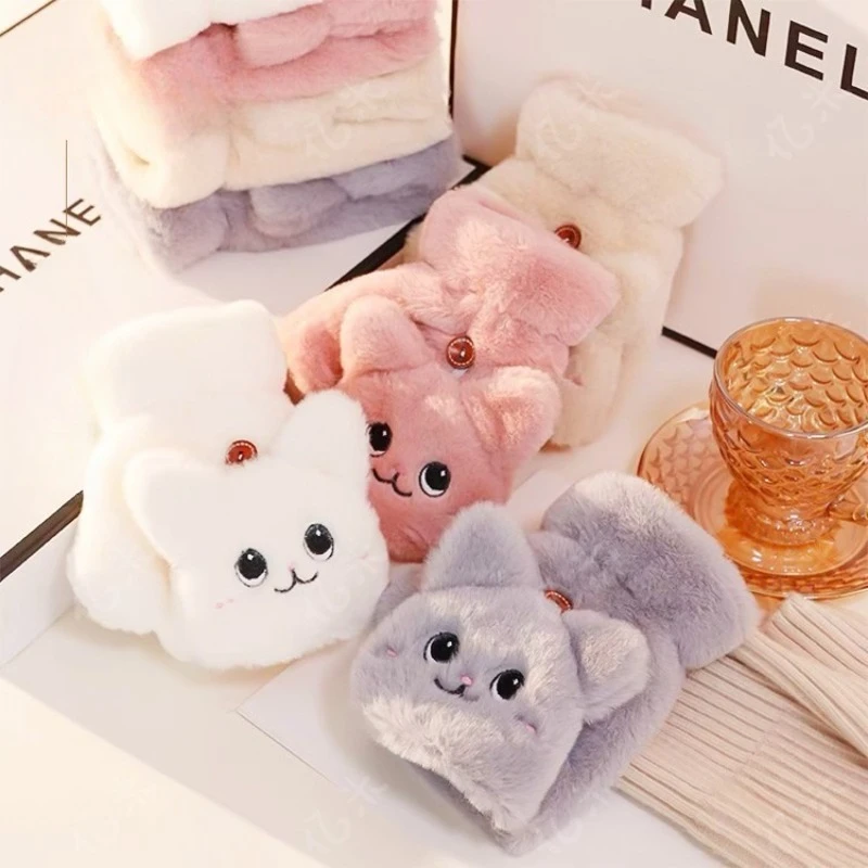 

Новые зимние перчатки для девочек, плюшевые и теплые для студентов, супермягкие перчатки для письма с милым котом и рисунком, с защитой от холода.