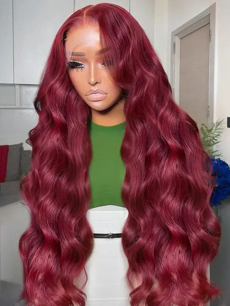 99j Burgundy Body Wave Human Hair 13x4 HD Lace Frontal Wig Loose Wavy Color Human Hair Malaysia Remy Hair Pre Plucked For Women