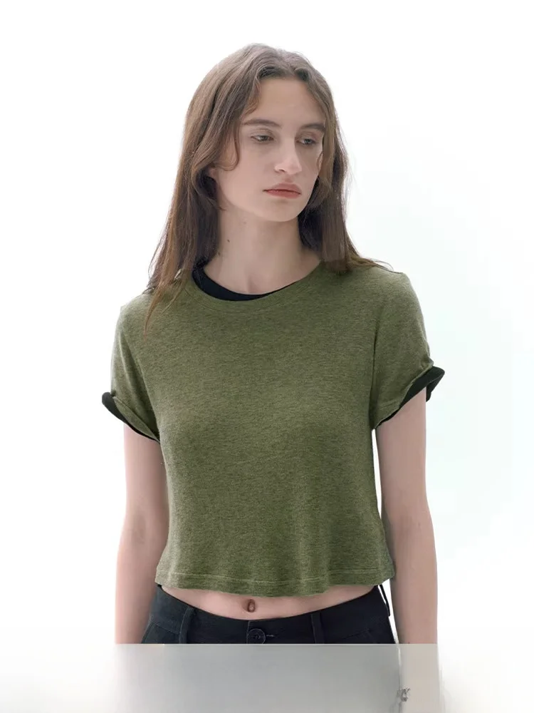 

Planites 24SS Women's ort Sve round Ne T-irt Soft Skin-friendly Lyocell Blended Top Commute Sle Color Summer...