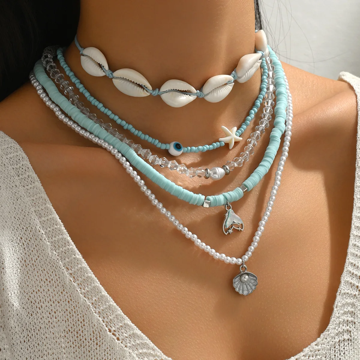 

Summer Fashion Blue Beaded Necklace Set with Shell Pendant Ins Style Elegant Jewelry for Women Beach Vacation Accessories