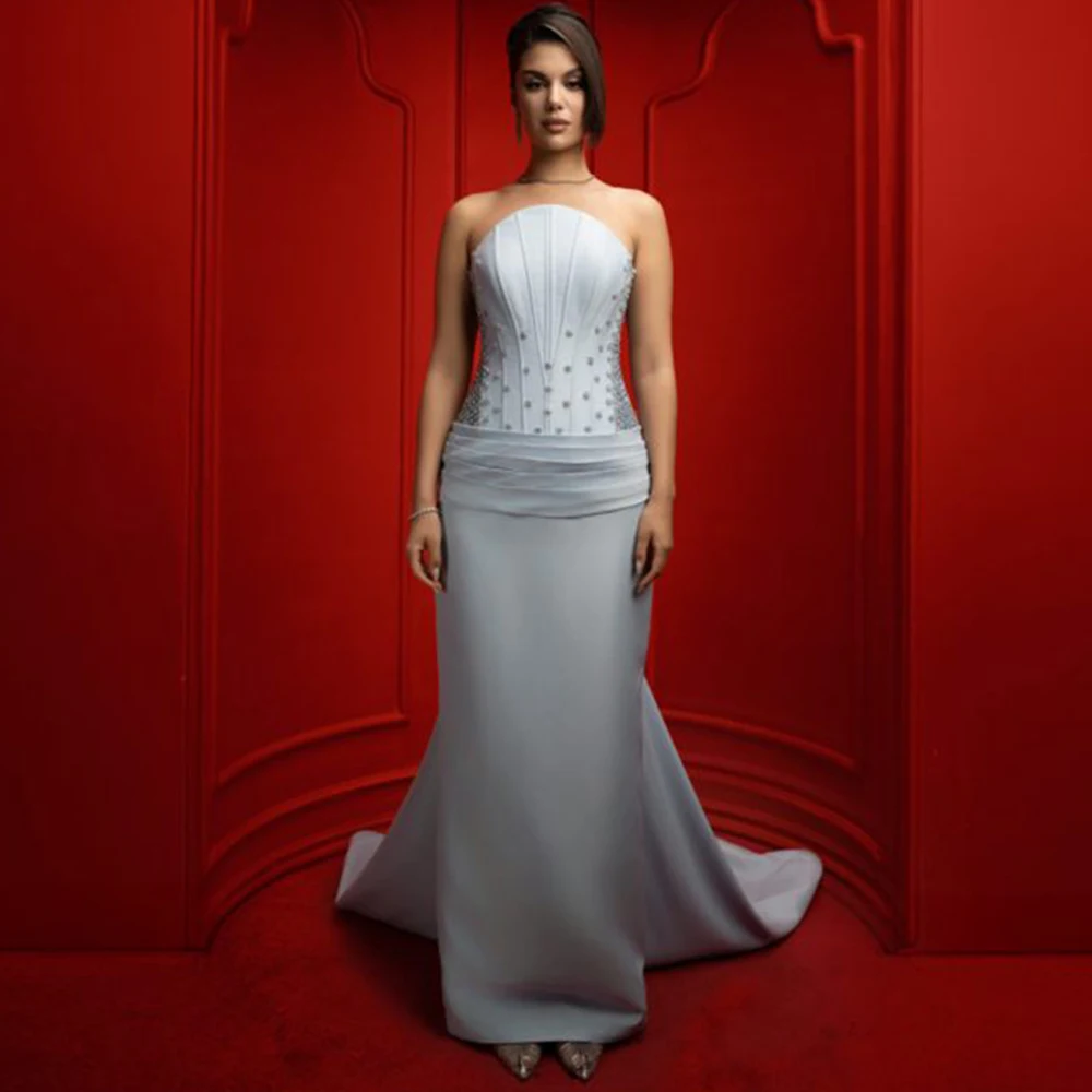 

Sparkly Crystal Customized Evening Dress Strapless Sleeveless Prom Dresses Temperament Lace Up Back Panel Train Celebrity Gowns