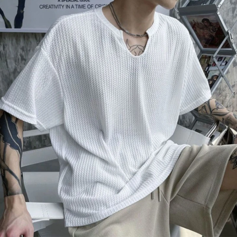 Men's Summer Short Sleeve T-Shirt Streetwear Loose Hollow Out Mesh Top Y2K Vintage Hong Kong Style Ribbed Collar Designer Tee