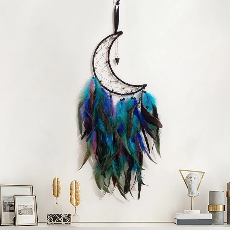 Moon Dreamcatcher, Handmade Feather Dreamcatcher Boho Wall Hanging Ornament Blessing Gift For Bedroom Party Decoration