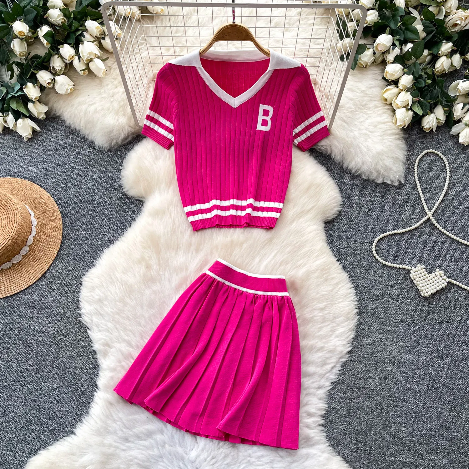 

Women Two Piece Sets Shorts Skirt Set V Neck Knit Tops Short Skirts A Line High Waist Y2k Streetwear Elegant Work Pleated 2026