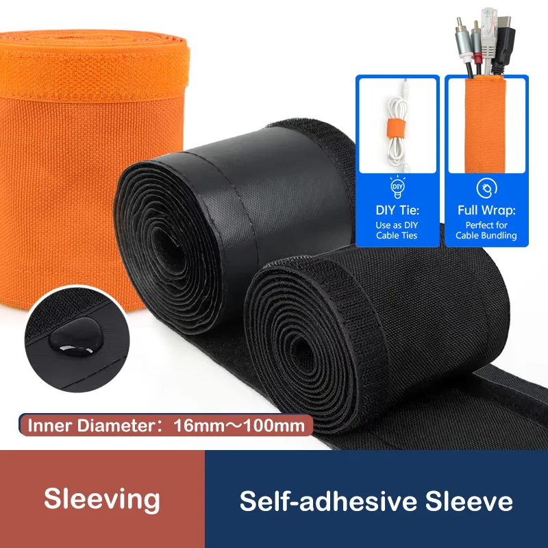 Reusable Self-adhesive PET Cable Sleeve 16mm - 100mm PVC Waterproof Velcro Harness Sheath Management Line Wrap Protect Organizer