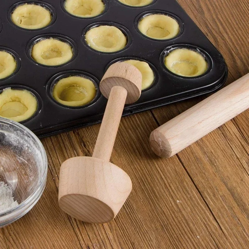 A98G-Kitchen Gadgets Wood Egg Tart Pusher Double Side Tart Tamper Pastry Pusher Wooden Egg Tart Mold