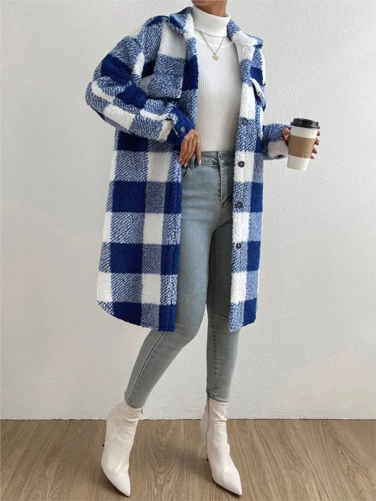 

Autumn Winter Woman's Plush Coat Fashion Checkered Pattern Single-row Buckle Long Cardigan Coat Casual Pocket Ladies Clothing