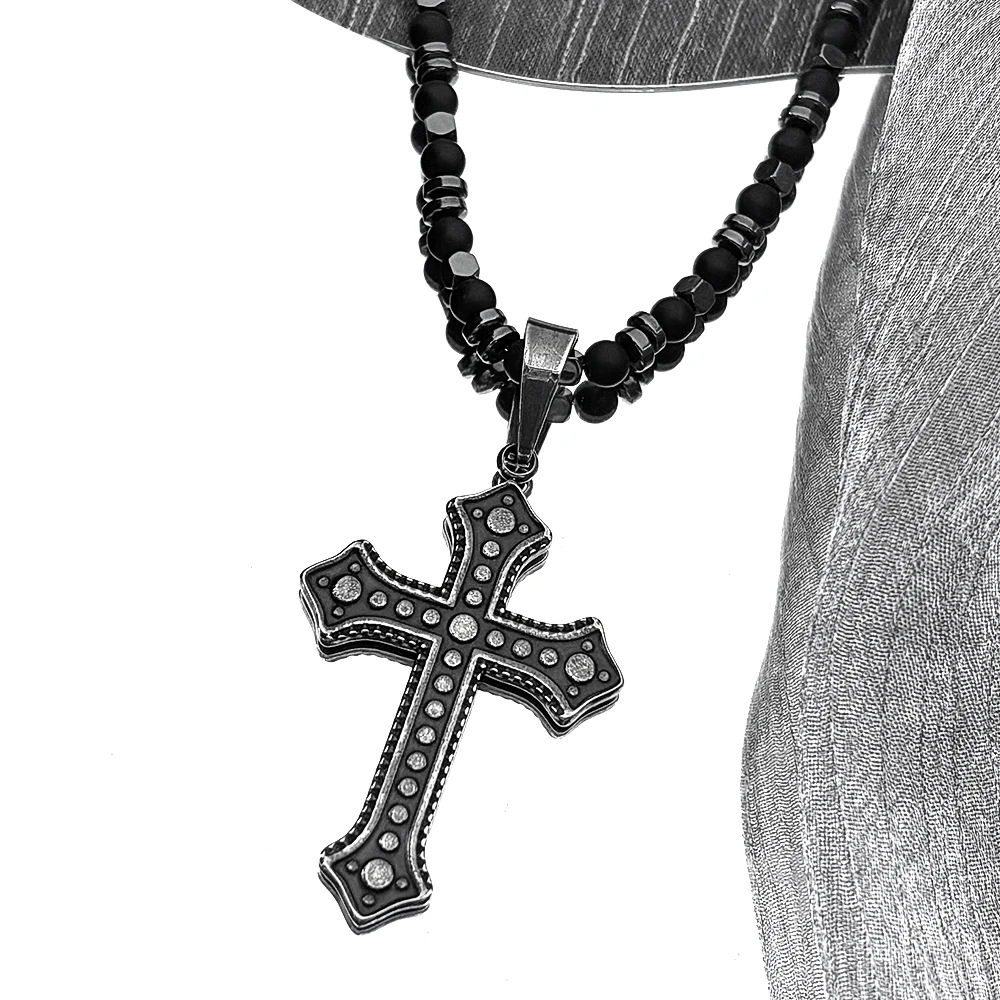 

Vintage Christian Jesus Cross Pendant Necklace for Women Men Gun Black Stainless Steel Catholic Hematite Chain Healing Jewelry